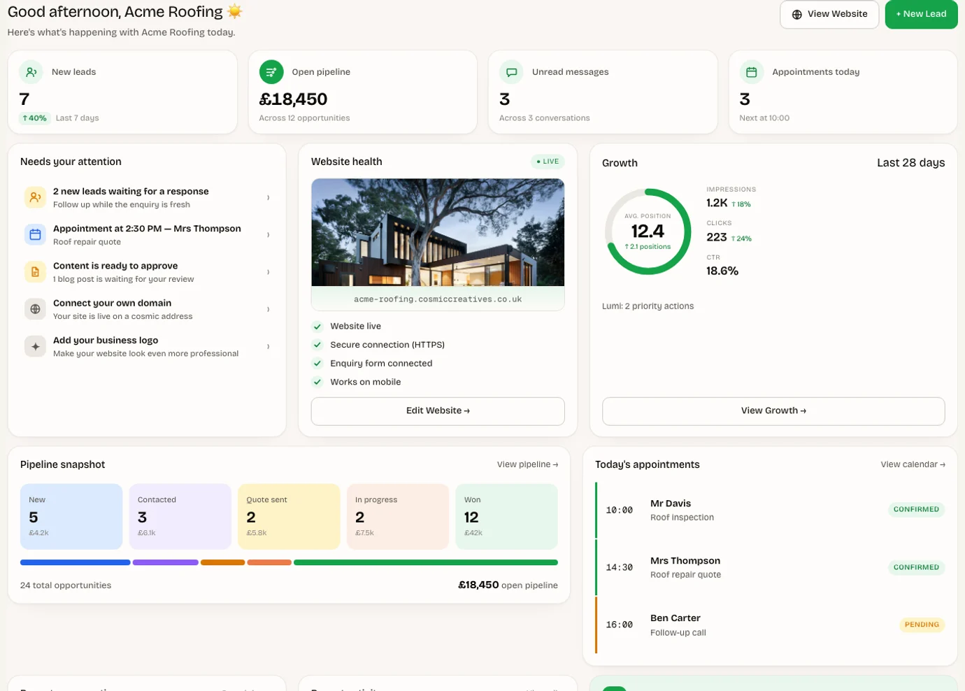 Cosmic business overview with enquiries, appointments and actions needing attention; demo data