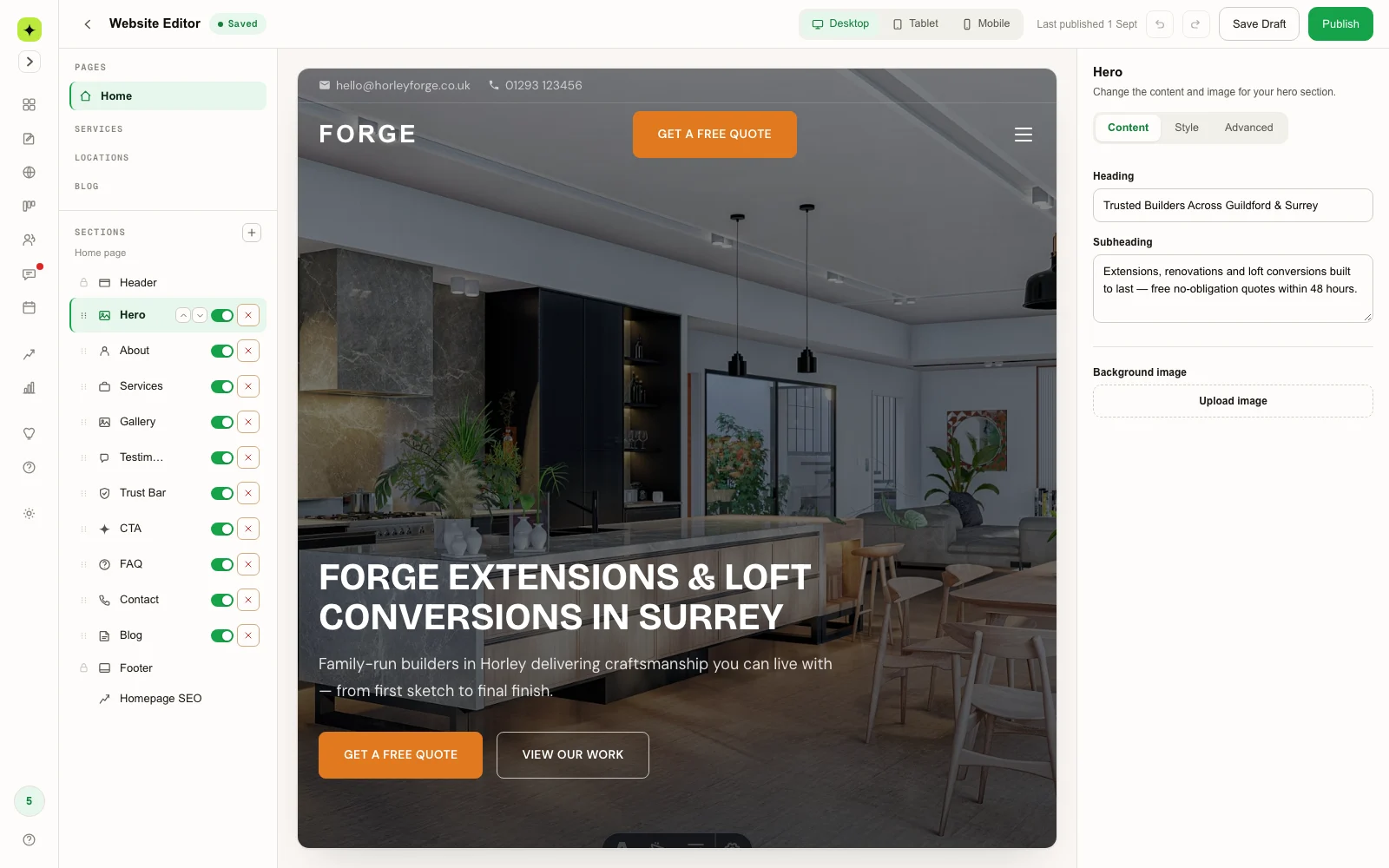 Real Cosmic structured website editor with section navigation, website preview and editable content controls; demo business